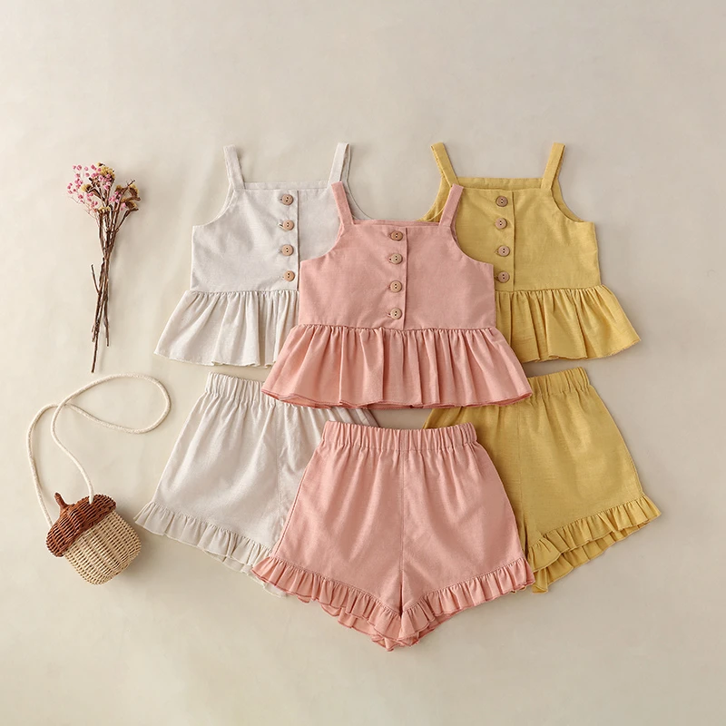 

Australia US Children Suits Summer Sleeveless Cotton Linen Clothing Sets Front Buttons Tanks Ruffles Bloomers Kids Girls Outfits, Picture shows