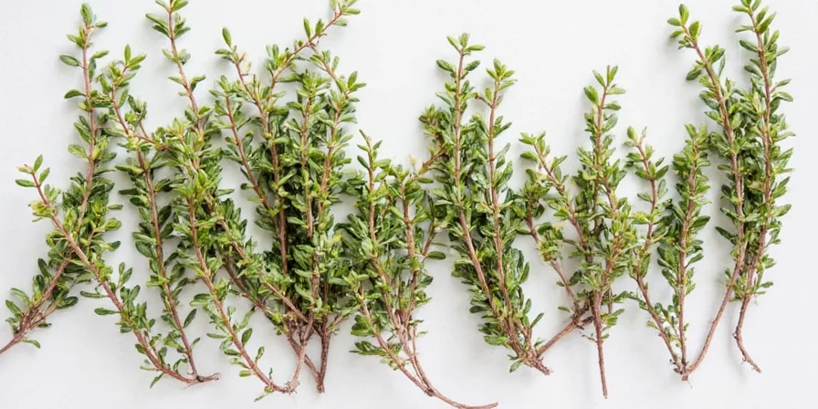 Fresh thyme bundle next to dried thyme leaves