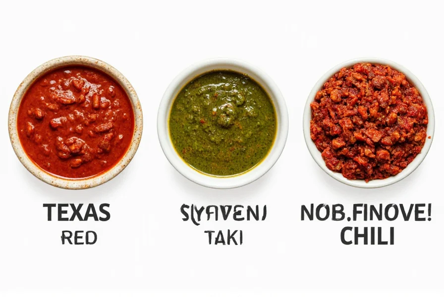 Comparison of different regional chili styles showing Texas red, New Mexico green, and Cincinnati variations