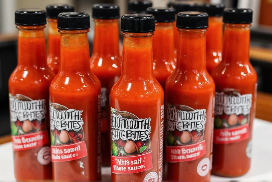 Bottles of hot sauce featuring Big Mouth Bites chili with visible red liquid