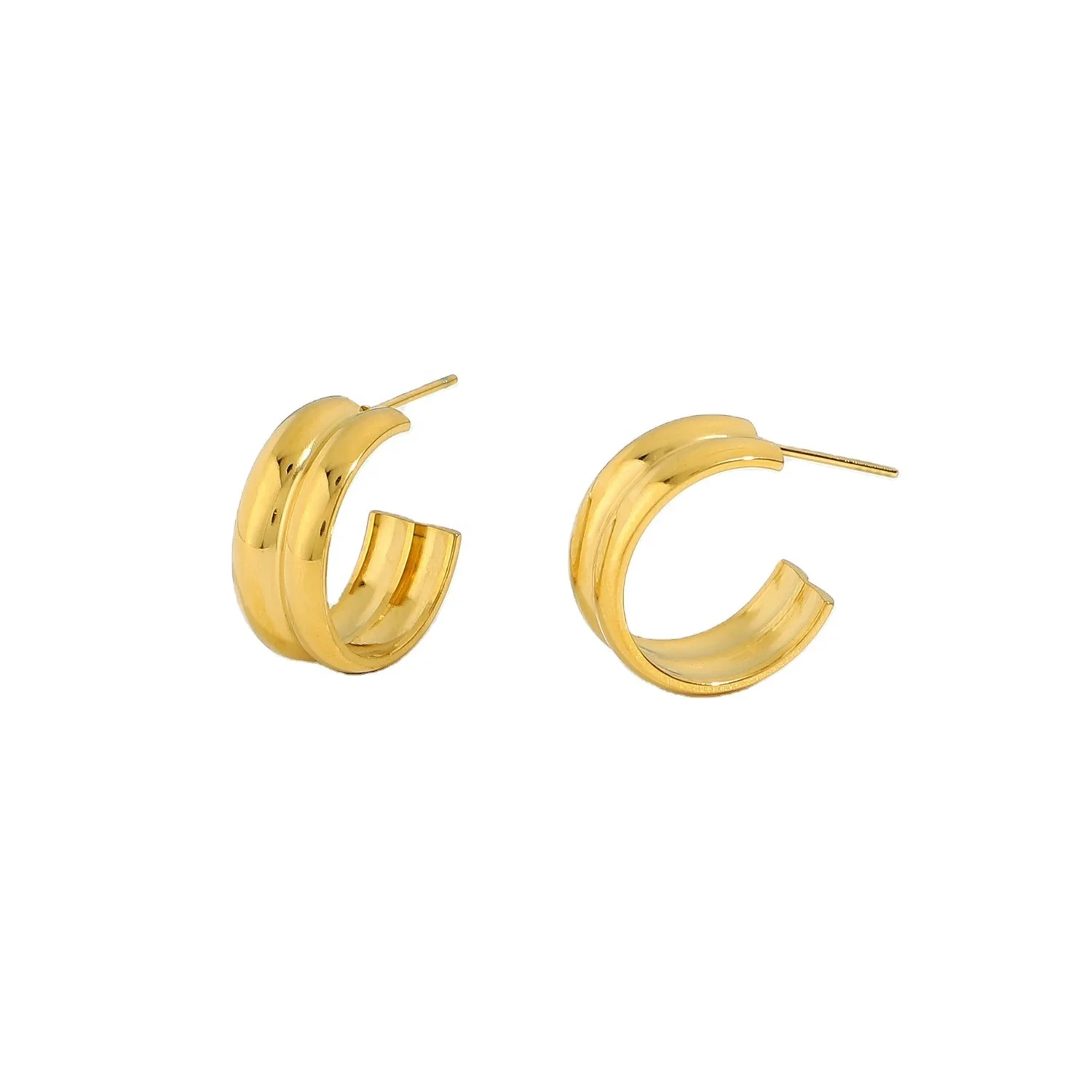 

Fashion personality double round smooth ring earrings for women C shape 18K gold plated stainless steel earrings, Picture