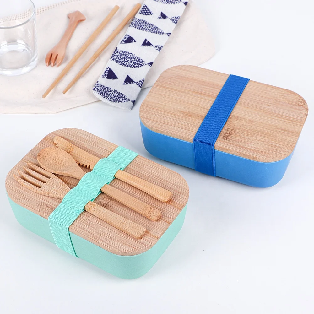 

Bamboo bento lunch box salad food storage container leakproof lid with cutlery, Black/grey/red/pin/green/blue/customized
