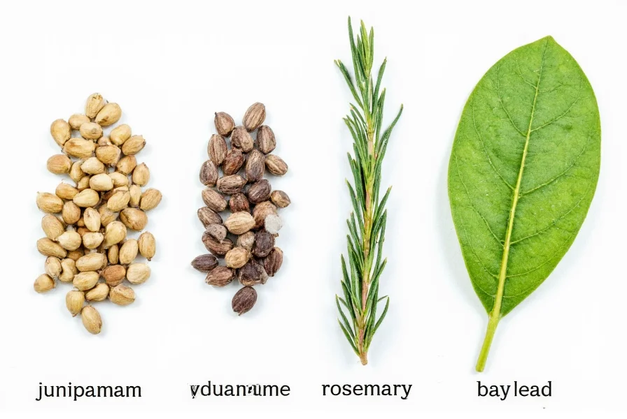 Comparison of juniper berries and common substitutes including cardamom, rosemary, and bay leaves arranged visually