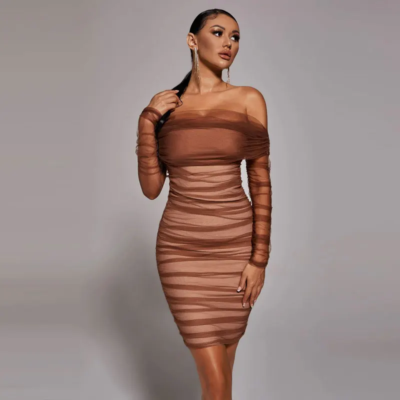 

Backless Hot Sexy Halter Mesh Midi Dresses Women Clubwear Party Ruched Sleeveless Women See-through Bodycon Dress, Brown