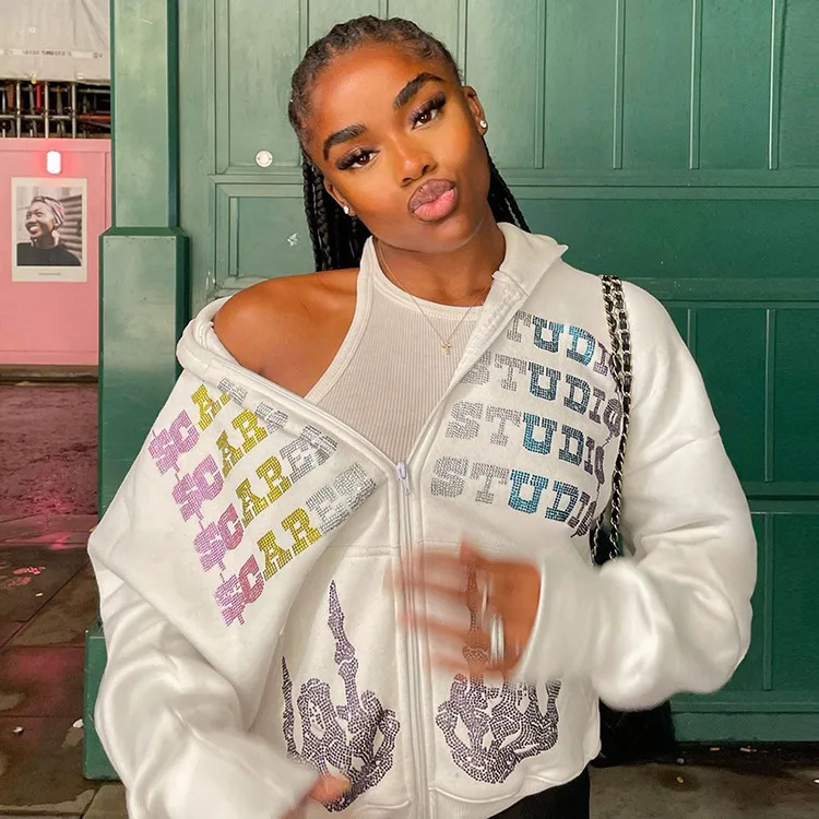 

2021 Fall White Casual Jacket Letter Printed Jackets For Women Zipper Hooded Jackets