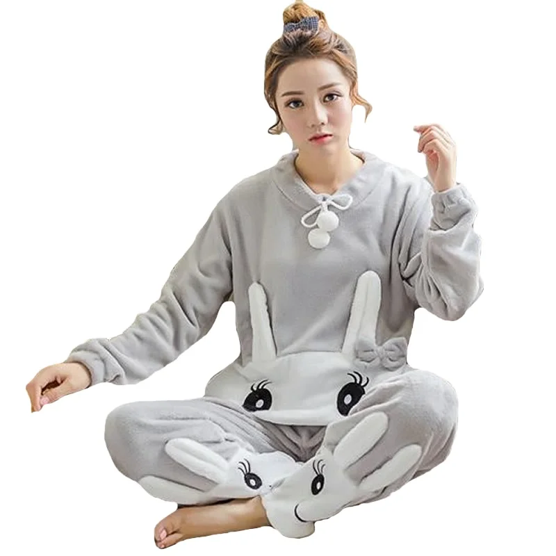 

Women's Flannel Custom Autumn/Winter Pajamas Set Women Long Sleeve Sleepwear Suit Warm Cute Tops+Pants Sleep Home Female Pyjama, Same as picture