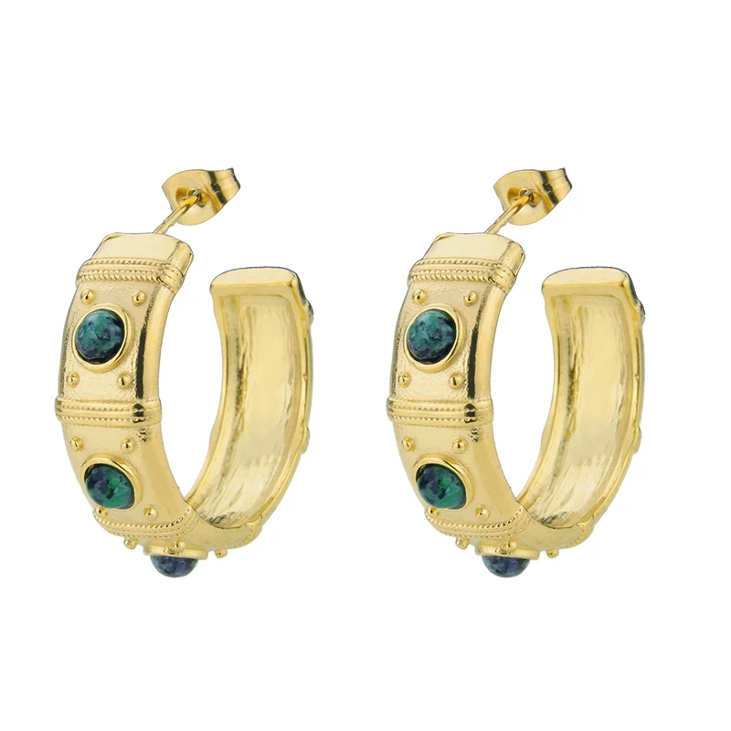 

Retro Roman Style Hoop Earrings High-quality Stainless Steel Gold Plated Natural Stone Not Allergic Jewelry, Glod