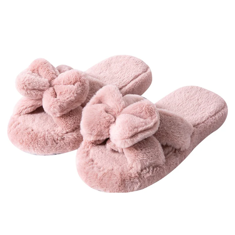 

Women Fluff Cross Strap Bowknot Flip-Flop Solid Colour Warm Winter Indoor Slippers Wool Plush Thermal Non-Slip Soft Soled Slides, Solid color