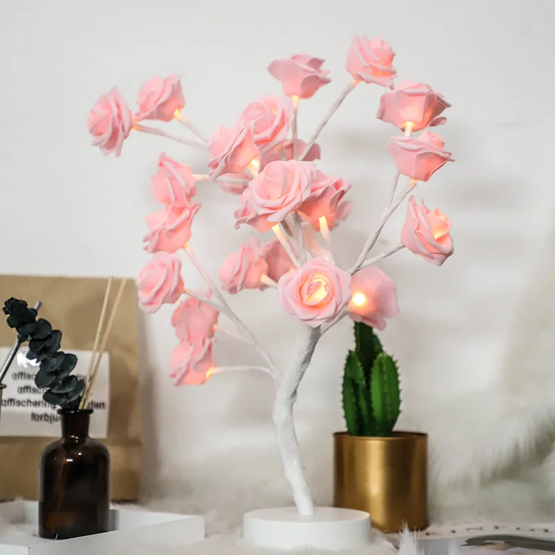 

USB Battery Christmas Artificial Tree Table Lamp Night Lights Rose Flower Blossom Led Rose Tree Light For Home Wedding