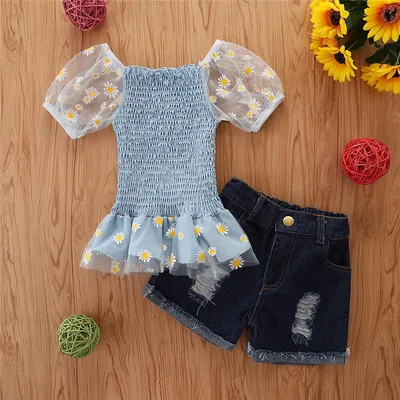 

B54700A Wholesale kids clothes girls summer fashion puff sleeve blouse with shorts set, Shown