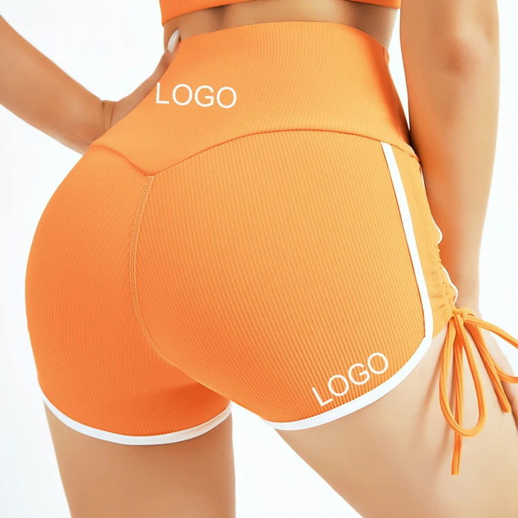 

new middle waist side drawstring ribbed running shorts no front line ultra short compression yoga gym ladies booty shorts, Customized colors