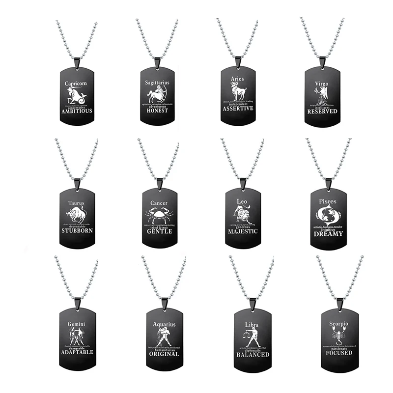 

Creative Vertical Zodiac Dog Tags Pendant Necklace Stainless Steel Black Plated Dog Tags Zodiac Collar Jewelry Sign Necklace