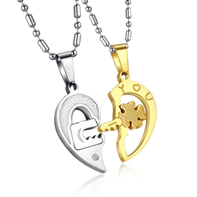 

Best Seller I Love You Necklace 2 pcs Jewery Set Heart Pendant Lock Key Pendant Necklace For Girl and Boy Lover's Gift, As the picturs