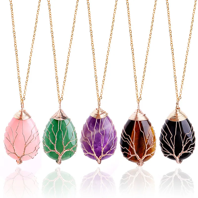 

Hot selling Wholesale New Fashion Natural Stone Waterdrop Pendant For Women Wire Wrapped Tree Of Life Necklaces