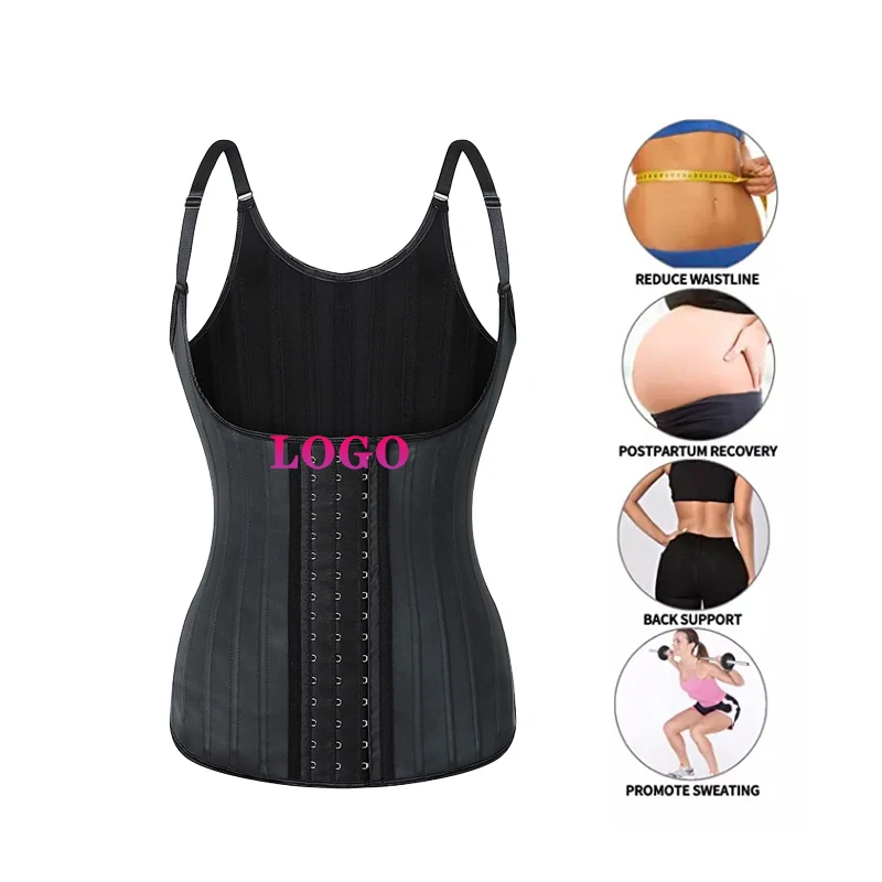 

Langqin customized logo 25 steel boned black latex Postpartum recovery long torso waist trainer vest for lady, Black & customized color