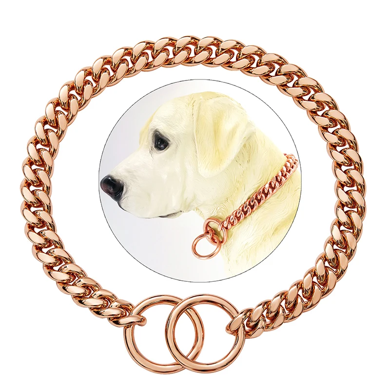 

Custom Wholesale 18K Gold Chain Dog Collar 10MM Cuban Link Chain Stainless Steel Metal Pet Collars For Dog Training Collar, 18k gold,rose gold