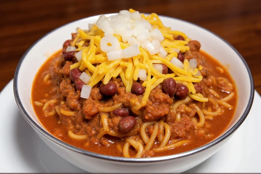 Authentic Cincinnati 5-way chili served in a bowl with spaghetti, chili sauce, beans, cheese, and onions