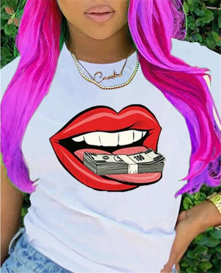 

tshirts women summer customized logo printed tees white money lips sexy printed tops short sleeves tees modal