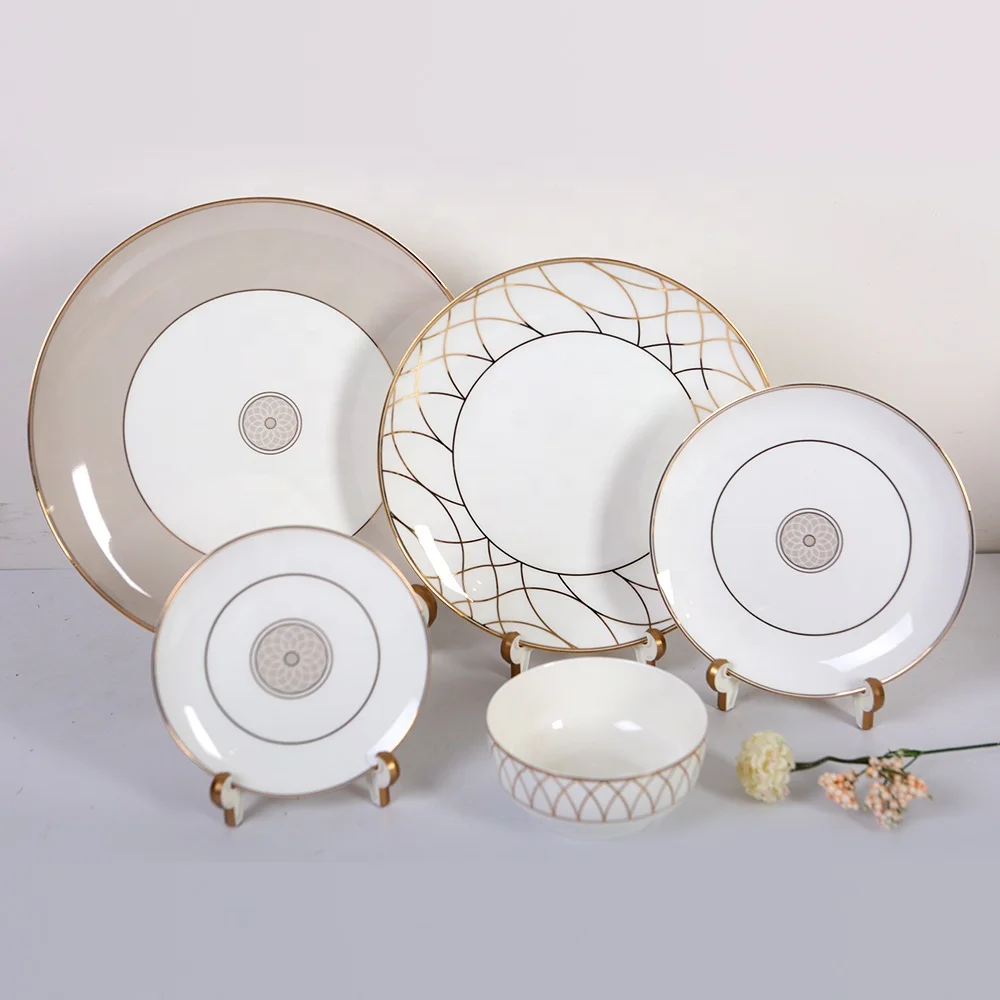 

Wholesale dinner plate dishes bone china gold rim charger plates kitchen dishes, White