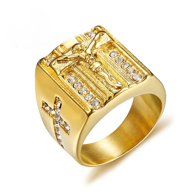 

Stainless steel IP gold plated Jesus cross rhinestone men ring, As picture
