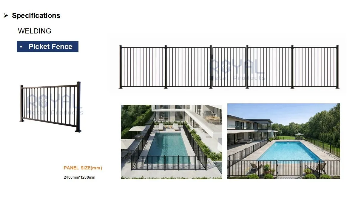 Picket Fence specifications — 2400x1200mm panel, welded aluminum construction, pool installation photos