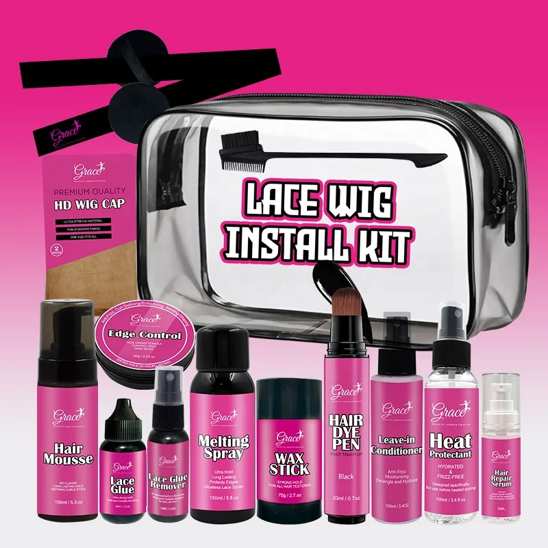 

New Arrival Private Label Lace Glue Remover Wax stick Curly Hair Mousse Melting Spray Pink Lace Wig Install Kit with Travel Bag