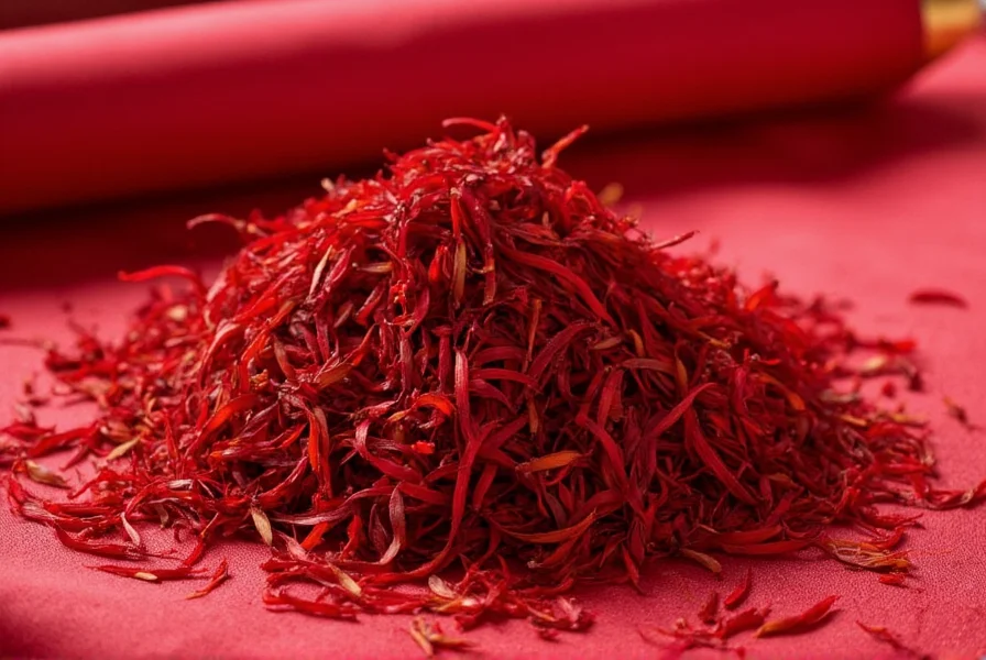 Comparison image showing authentic saffron threads next to common saffron substitutes with labels indicating differences in color, texture, and structure