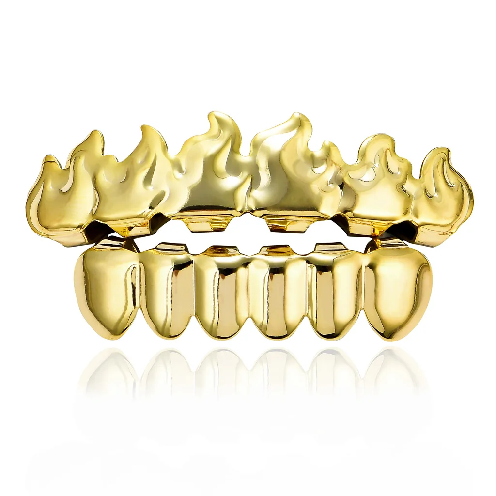 

Hip Hops Jewelry Real Gold Plated Flame Teeth Grillz Top Bottom Vampire Fangs Teeth Grills Set For Men