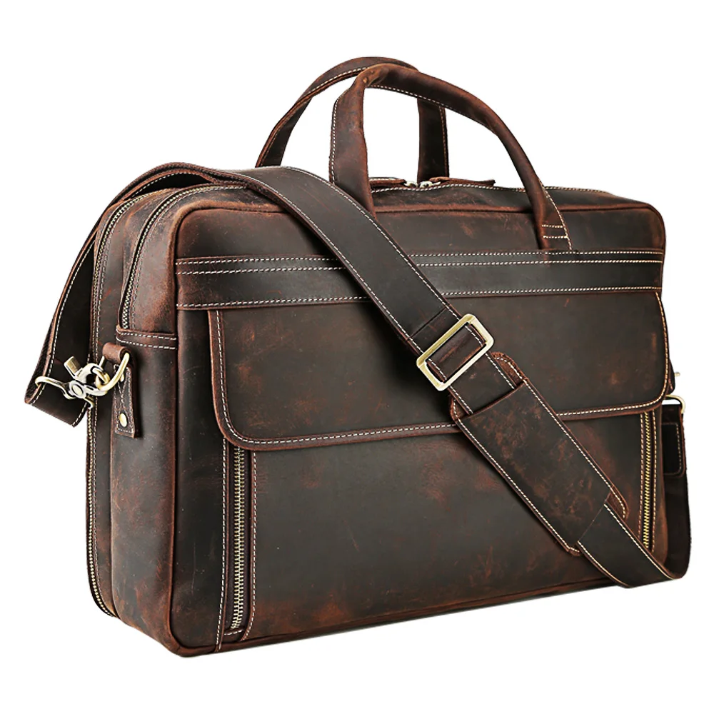 

Vintage Men Crazy Horse Leather Bags Briefcase 17 inches Laptop Bag Briefcase Genuine Leather For Men