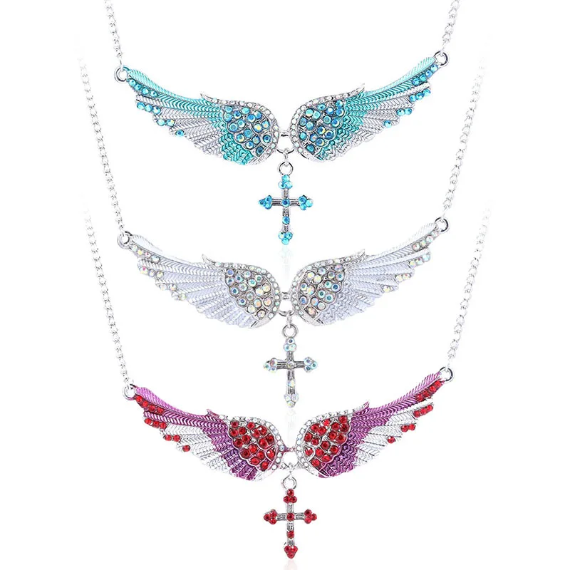 

Fashion Cross Angel Wings Necklaces & Pendants Women Hip Hop Jewelry Trendy Gothic Metal Rhinestone Statement Big Necklace Gift, As picture shows