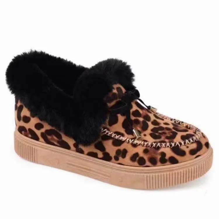 

2021 Winter hot sale fur moccasin for ladies slip on platform fashion leopard print snow boots fancy flat shoes casual botas, As picture