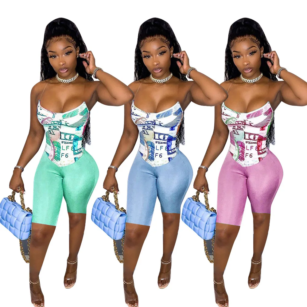 

Dollar Printed Slim Fit Tracksuits Spaghetti Strap Cami Bodysuit Bustier Corset Crop Top Two Piece Tight Shorts Set, As show