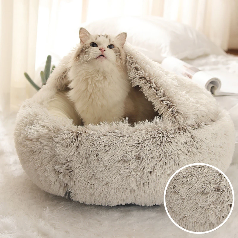 

Winter Long Plush Cat Bed Round Pet House Cushion Cat House Warm Kitty Basket Dog Bed Sleep Bag Nest For Small Cat Products