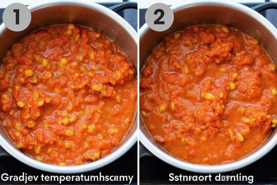 Proper chili reheating process showing gradual temperature increase and stirring technique