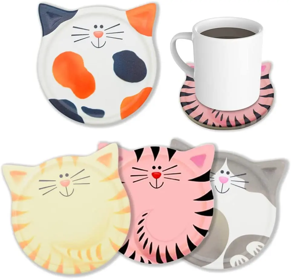 

2022 Tabletex Funny Coasters for Drinks Absorbent, Cat Shaped Ceramic Coasters Set of 4, Unique Gift Ideas for Cat Lovers, Customized