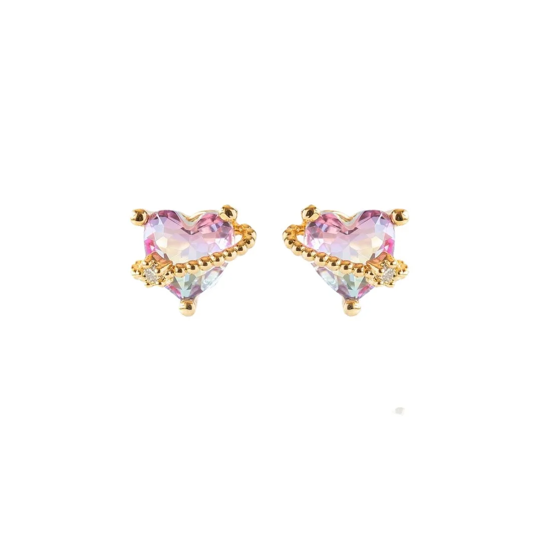 

Fine jewelry Amazons hot style pink heart earrings 18k gold plated brass zircon mini earrings for cute girls