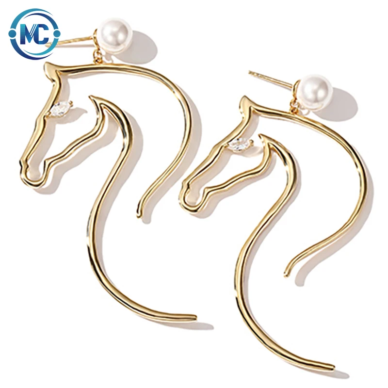 

Abstract Horse Head Imitation Pearl Eaarings Pendant Gold Filled Elegant Creative Statement Earrings Animal Fashion Jewelry For