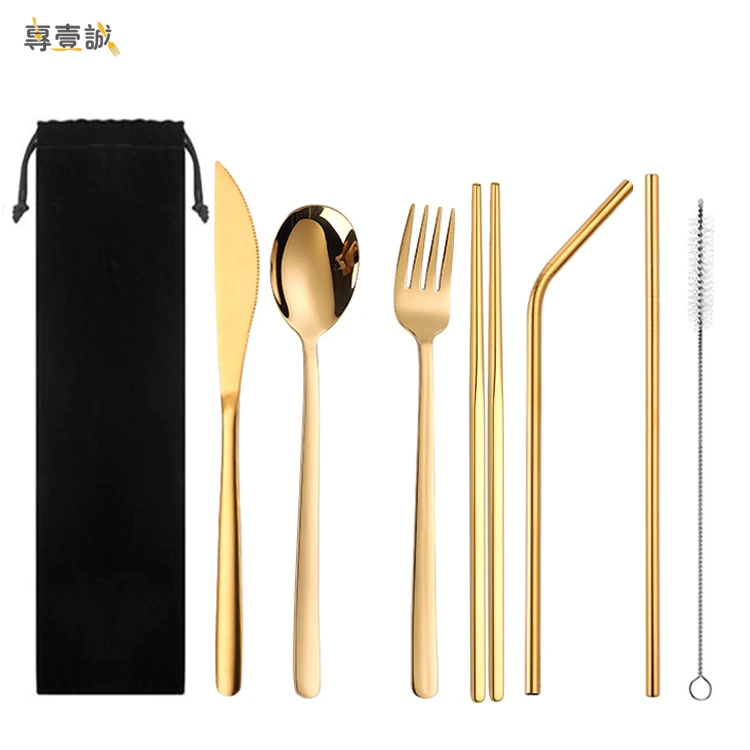 

Eco Friendly Reusable Portable Camping Travel Cutlery With Spoon Fork And Chopstick Set, Gold/silver/rose gold/rainbow/black