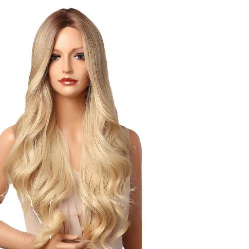 

European and American wig female Qi bangs Brown Gradient dye big wave long curly hair temperament wig