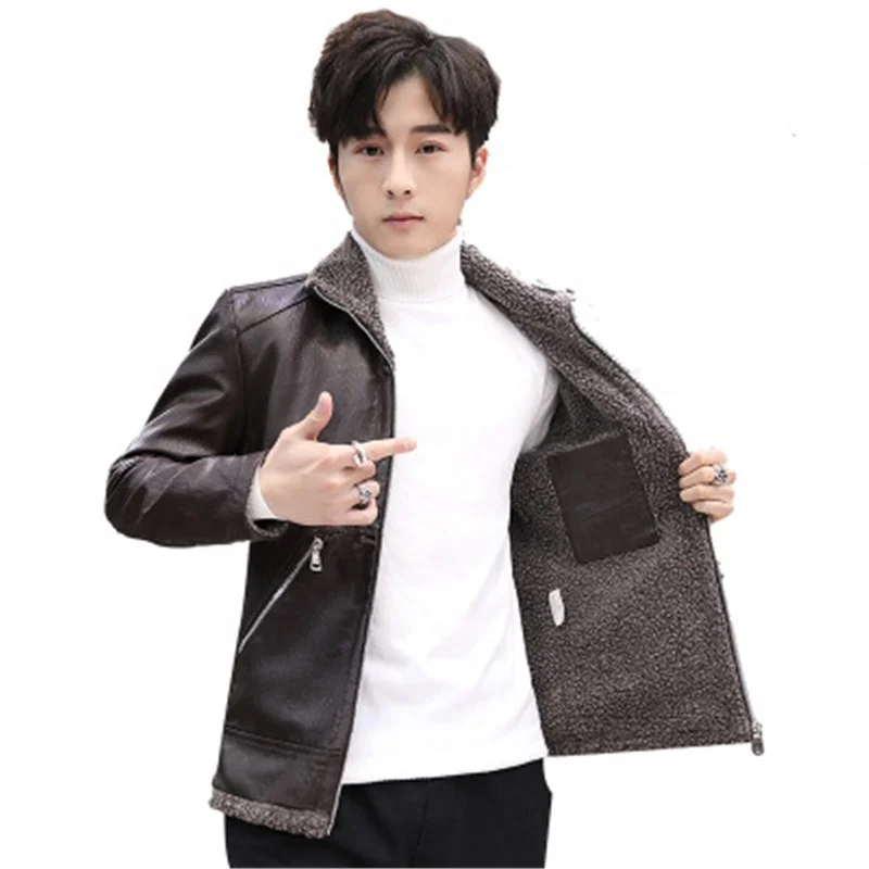 

2021 Leather Turn-down Collar Fleece Men's Jackets, Black/brown