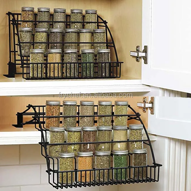 Holder for Seasoning Jars Shakers Satin Easy Reach Retractable Large Capacity Kitchen Storage Shelf Organizer for Cabinet and Pantry mDesign Modern Metal 3 Tier Pull Down Spice Rack Bottles 