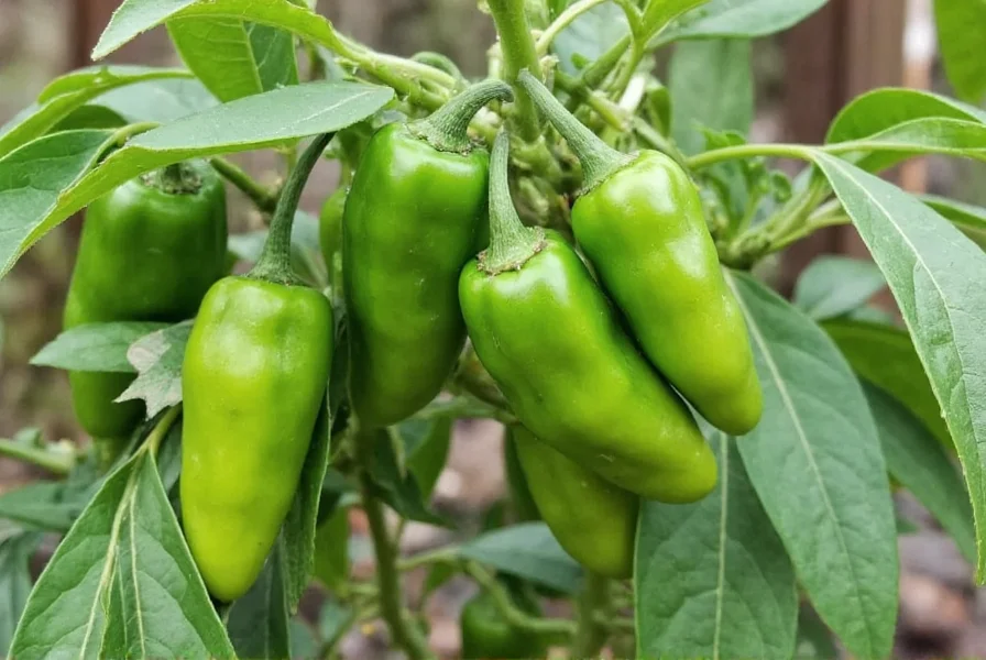 Anaheim pepper plant growing in a garden with multiple green peppers visible on the bush