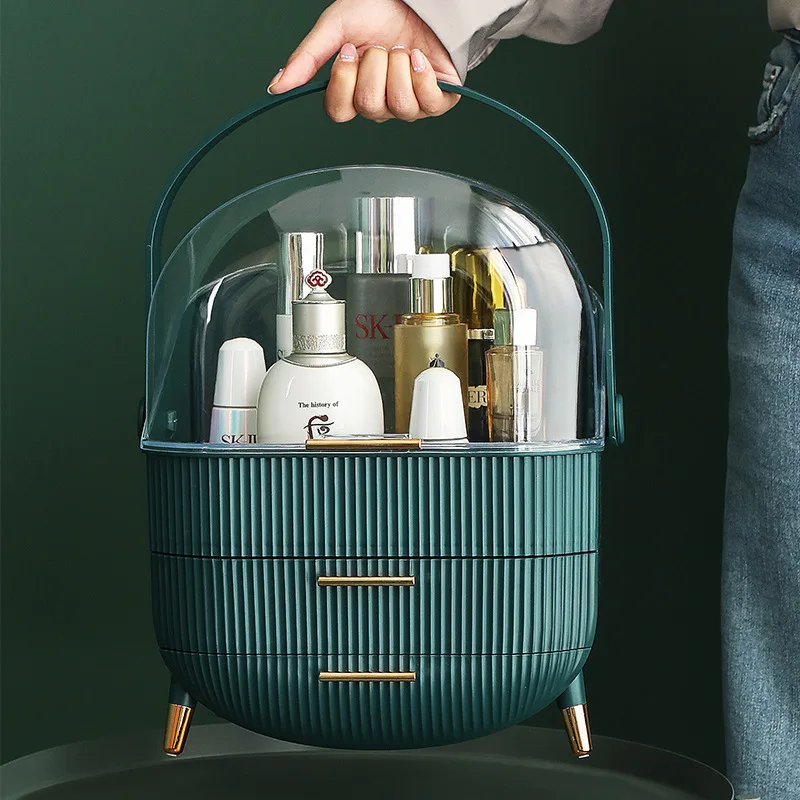 

Hot Selling dust-proof Waterproof plastic Cosmetics storage box organizer makeup storage box with handle, Dark green+white