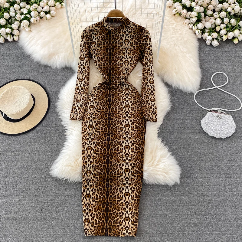 

Sexy Leopard Print Standing Neck Women's Long Sleeve Tight Stretch Bodycon Long Dresses