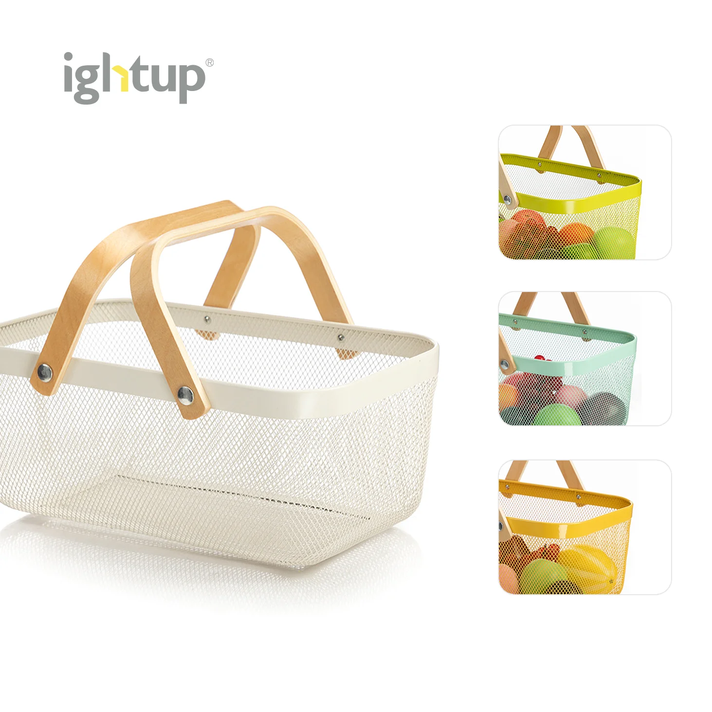 

Hot selling black sundries home kitchen and bathroom pantry organizer iron metal mesh storage baskets with handle for fruit food