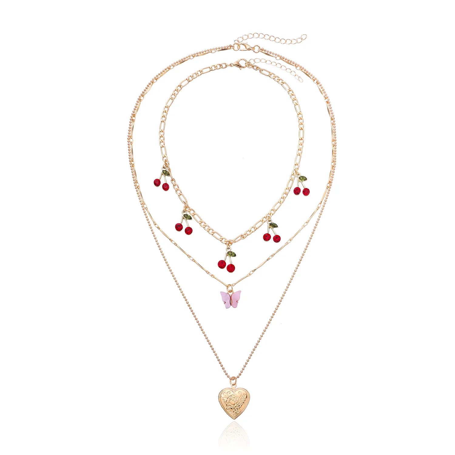 

Summer New Trendy Y2K Double Layer Chains Red Cherry Pink Butterfly Open Heart Pendent Necklace Jewelry for Women, Gold color