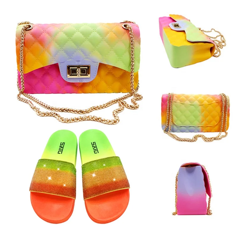 

Hot Sale Sipper Set Women Purses Handbags PVC Diamond Slippers and Real Fox Fur Slides Jelly Bags Set