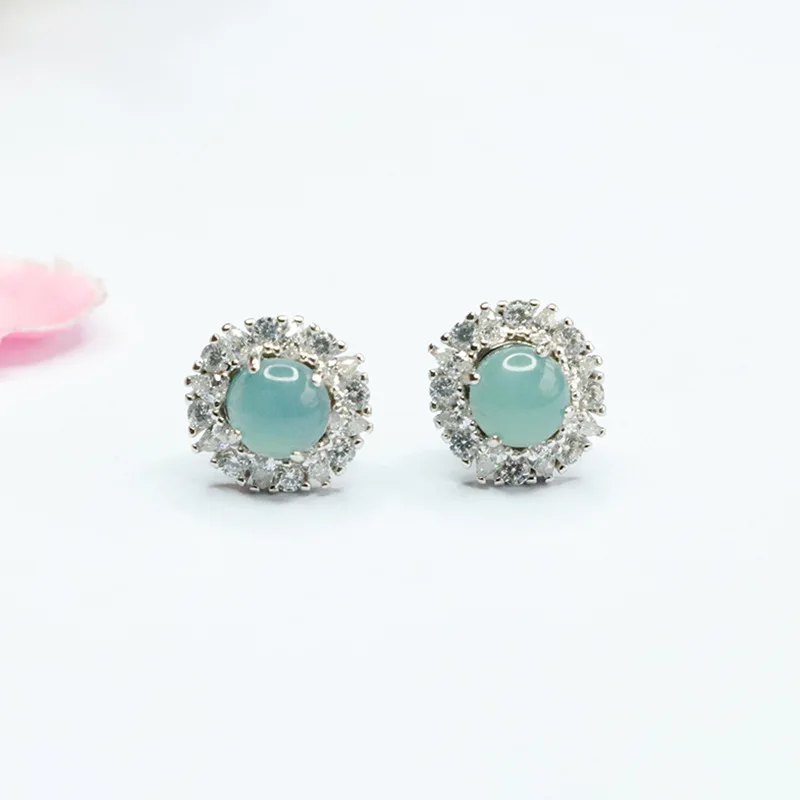 

S925 Silver Inlay Natural Emerald Stud Earrings Ice-Like Blue Water Earrings Eardrops Female Factory Wholesale FC3041401