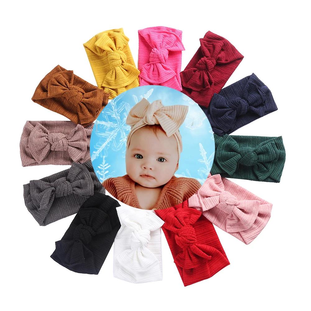 

Custom girl knot bow headband baby in bulk double fabric ribbed crochet knit woolen yarn OEM&ODM wholesale hairband, Picture