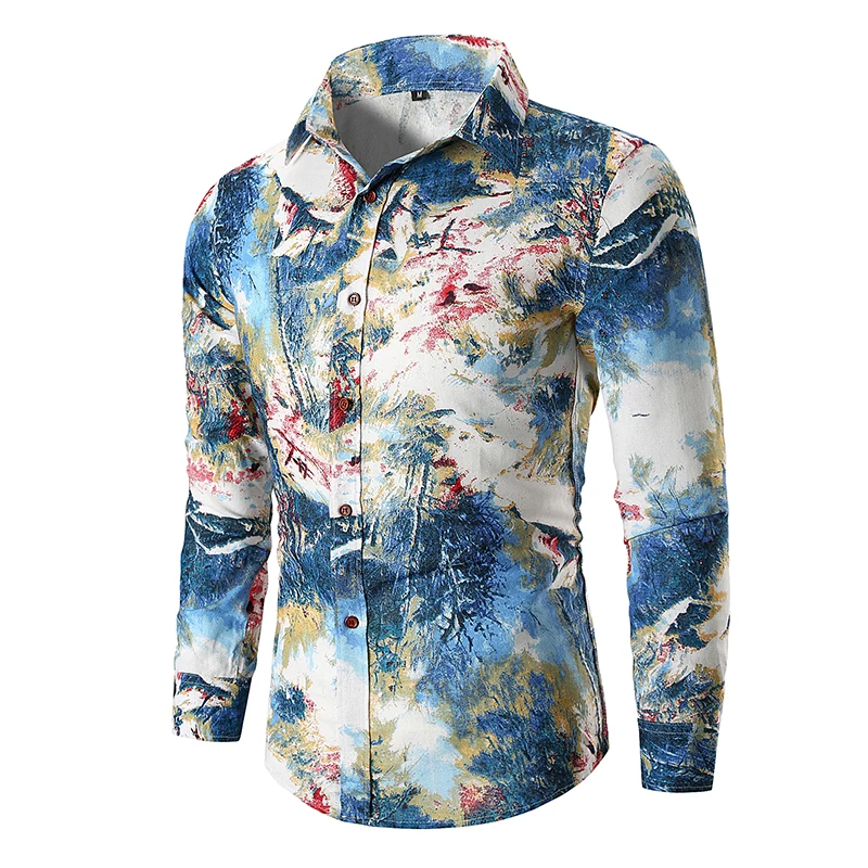 In Stock New Fashion Design European Size Man Autumn Winter Splash Ink Chinese Style Shirts For Men